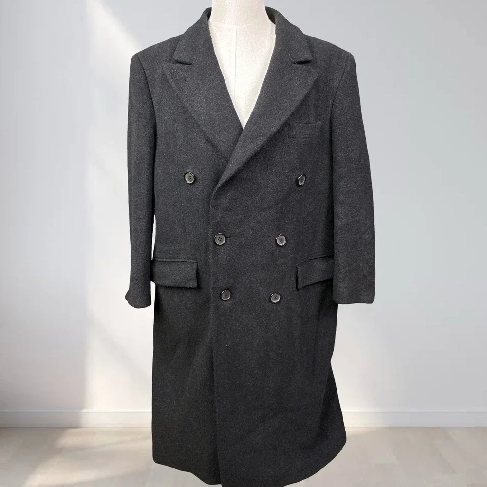 VTG Libins Wool Double Breasted Peak Lapel Overcoat Men 48 Black Lined Heavy